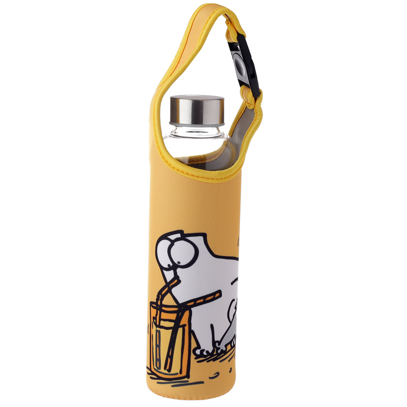 Simon's Cat Katze wiederverwendbare Wasserflasche aus Glas mit Hülle aus Neopren und Griff