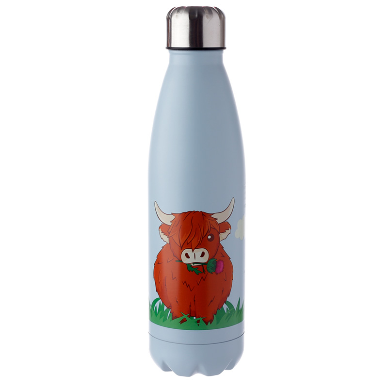 Highland Coo Kuh wiederverwendbare Thermo Isolier- Trinkflasche aus Edelstahl 500ml