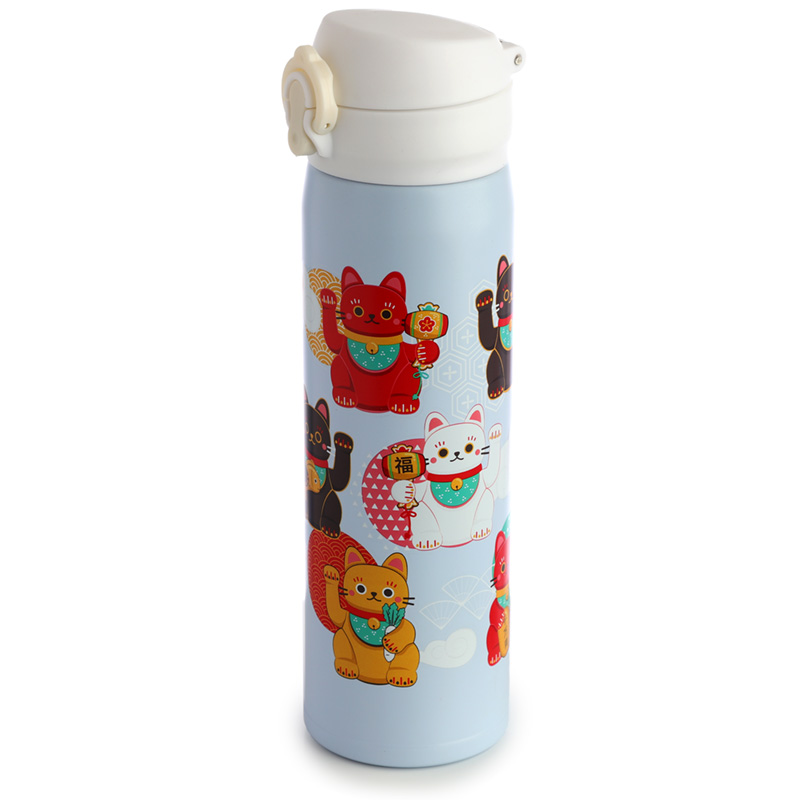 Maneki Neko Glückskatze wiederverwendbare Thermo Isolier- Trinkflasche aus Edelstahl mit Druckknopf 450ml
