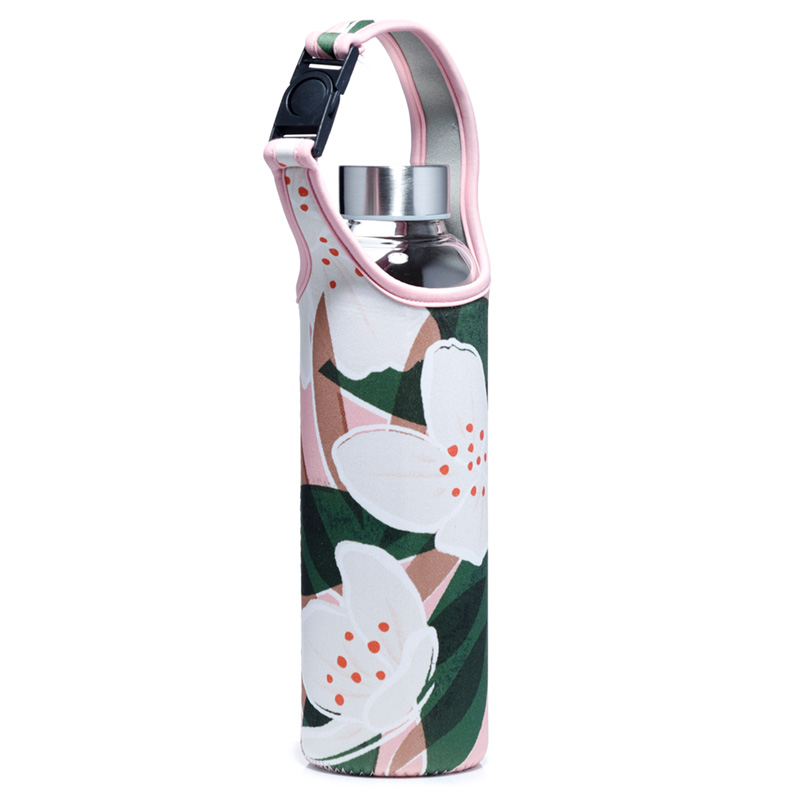 Florens Jasminum wiederverwendbare Wasserflasche aus Glas mit Hülle aus Neopren und Griff