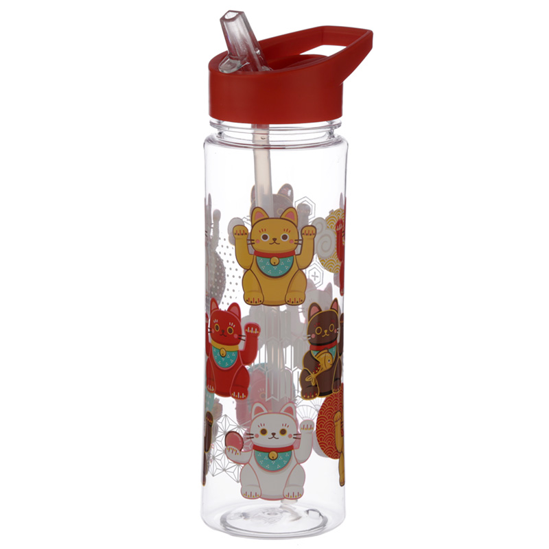 Maneki Neko Glückskatze wiederverwendbare Plastik-Wasserflasche mit faltbarem Strohhalm 550ml