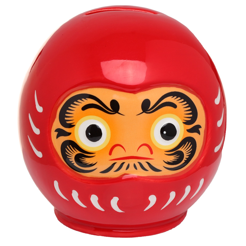 Japanische Rote Daruma Spardose aus Keramik