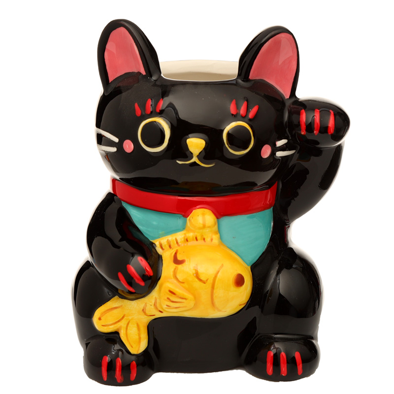 Schwarze Maneki Neko Glückskatze Keramik freistehendes Pflanzgefäß/ Pflanztopf für den Innenbereich