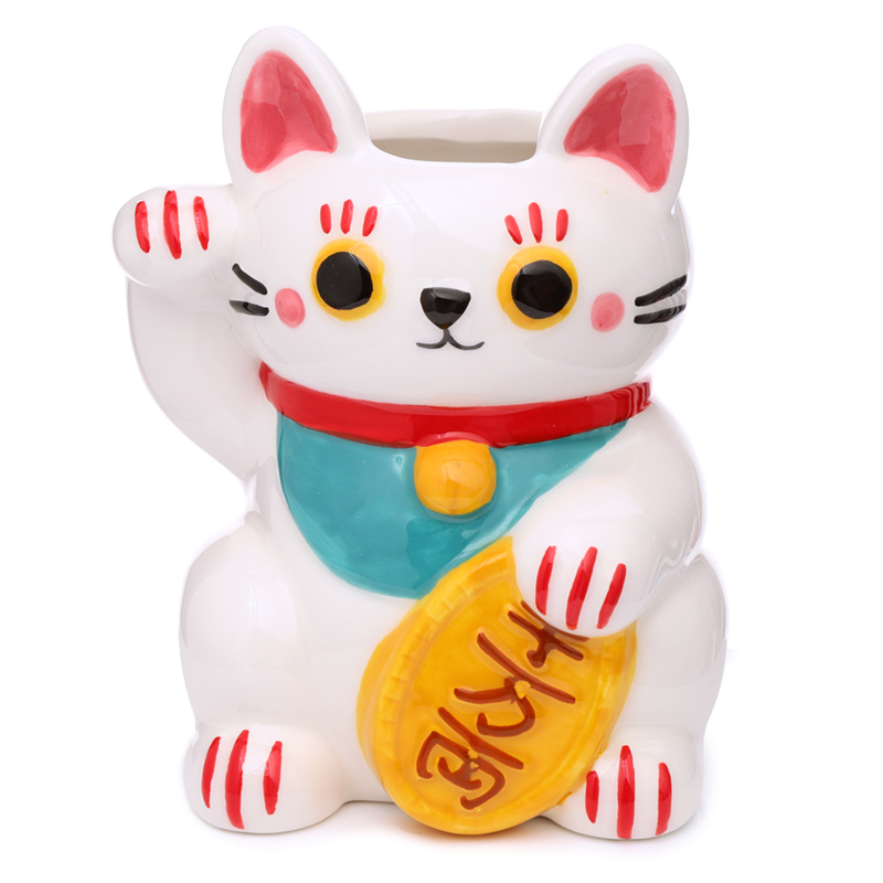 White Maneki Neko Glückskatze Keramik freistehendes Pflanzgefäß/ Pflanztopf für den Innenbereich