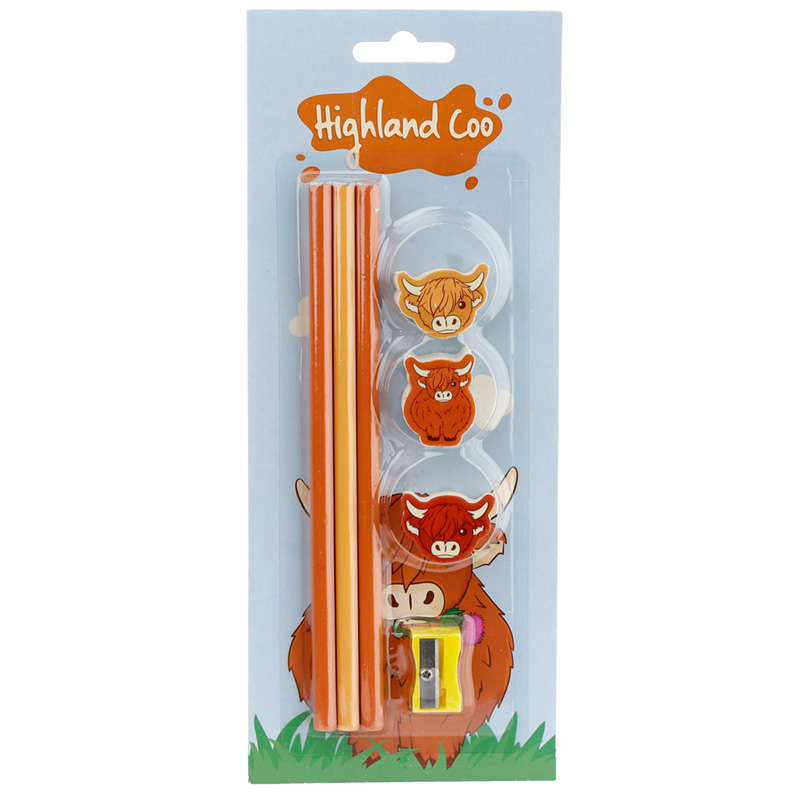 Highland Coo Kuh 7-er Set Bleistift mit Kuh geformten Radierer (pro Stück)