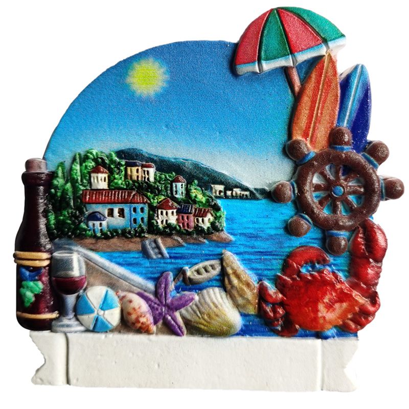An der Küste 3D Souvenir-Magnet - Strandstadt mit Krabben & Muscheln
