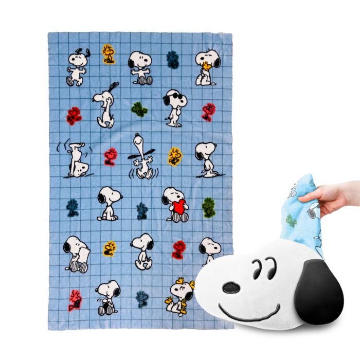 Blankeazzz Peanuts Snoopy & Woodstock Plüsch 2 in 1 Reisekissen & Decke