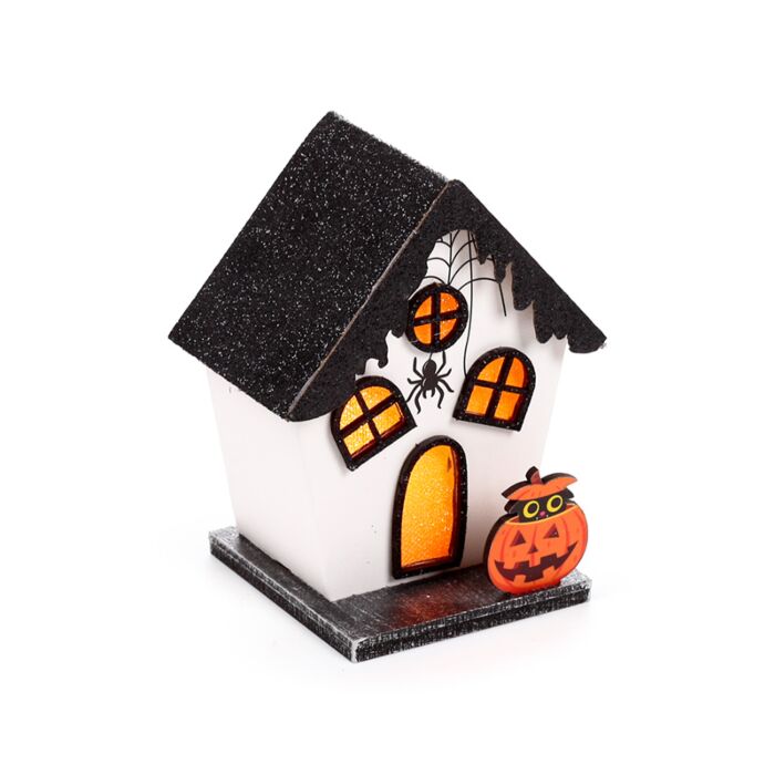Spooky Spukhaus mit Kürbis & Spinne Halloween Weiß LED-Dekoration