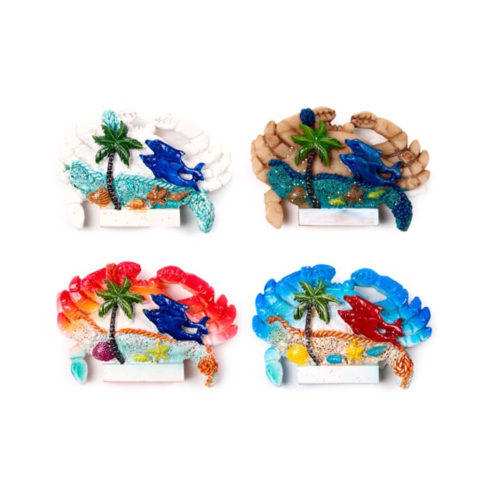 An der Küste Souvenir 3D-Magnet Krabbe Krebs mit Muscheln & Delphinen
