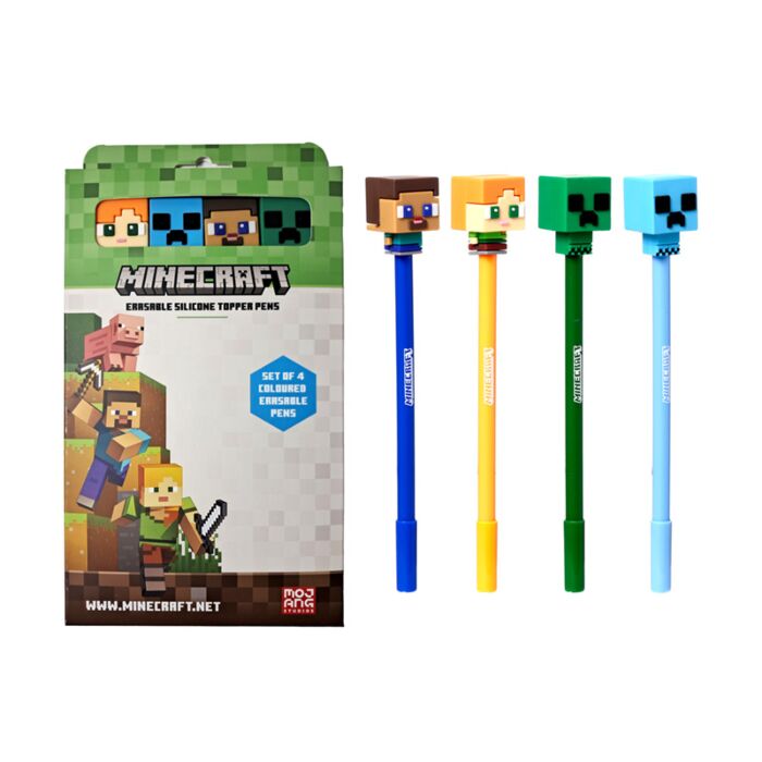 Minecraft Chibi Radierbarer Kugelschreiber mit Minecraft-Silikon-Topper 4er-Set