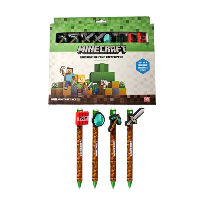 Minecraft Tools Werkzeug Radierbarer Kugelschreiber mit Minecraft-Silikon-Topper 8er-Set