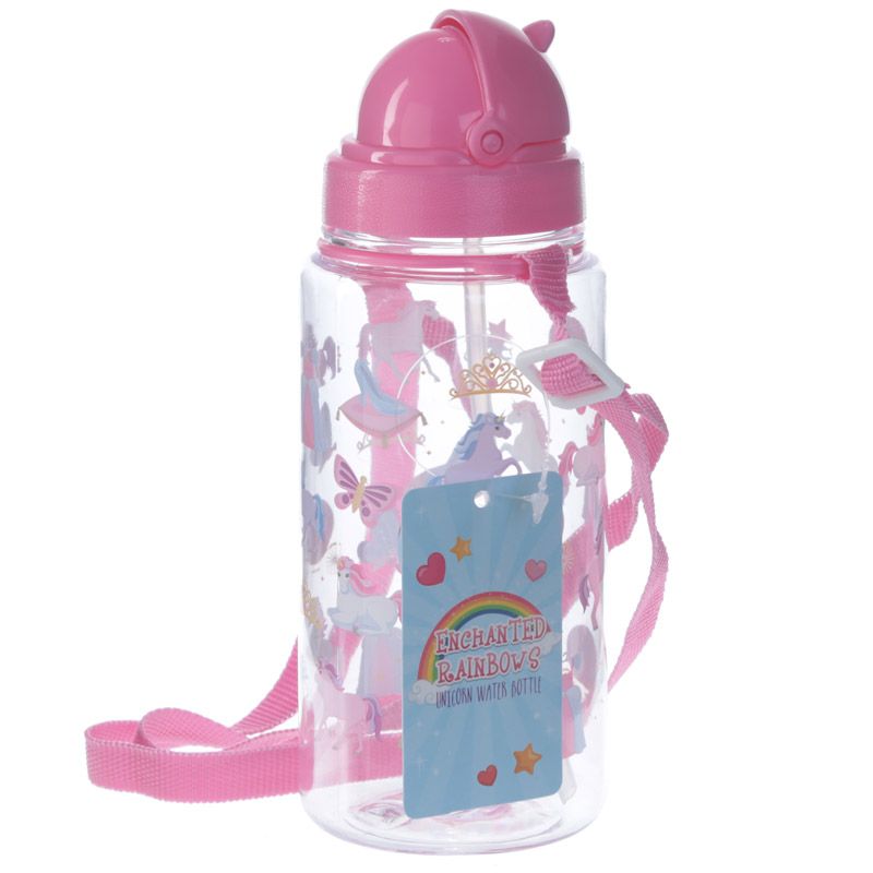 Einhorn Kinder Wasserflasche mit Flip-Strohhalm & Tragekordel 450ml 