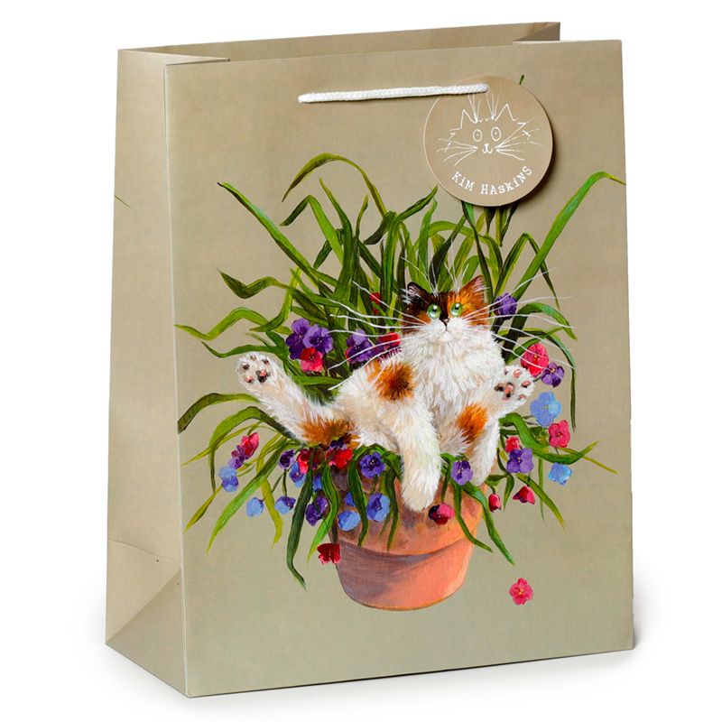 Kim Haskins Blumenkatze im Blumentopf grüne Geschenktasche - (L)