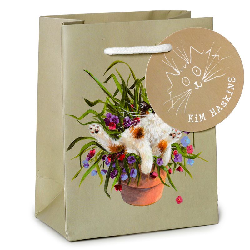 Kim Haskins Blumenkatze im Blumentopf grüne Geschenktasche - (S)