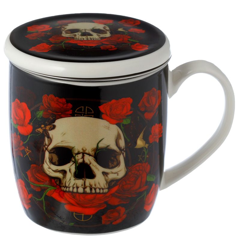 Skulls & Roses Totenkopf Tasse aus Porzellan mit Teeei und Deckel