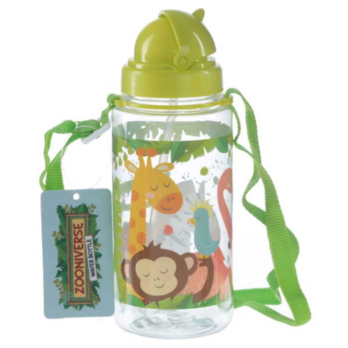 Zooniverse Zootiere Wasserflasche mit Flip-Strohhalm & Tragekordel 450ml