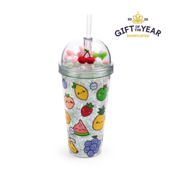 Foodiemals Fruit Obst Doppelwandiger Trinkbecher mit Strohhalm & Glücksbringer