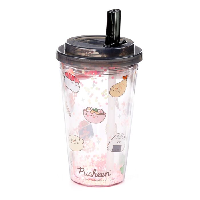 Pusheen the Cat Katze Sushi Club Doppelwandiger Trinkbecher mit Flip-Strohhalm 500ml