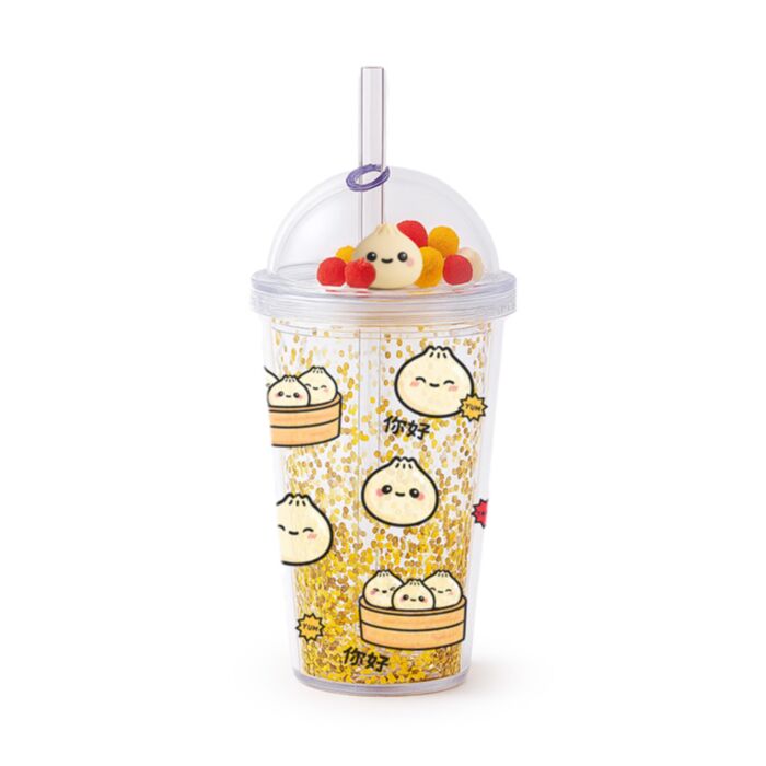 Foodiemals Bao House Bao Bun Doppelwandiger Becher mit Deckel, Strohhalm & Glücksbringern