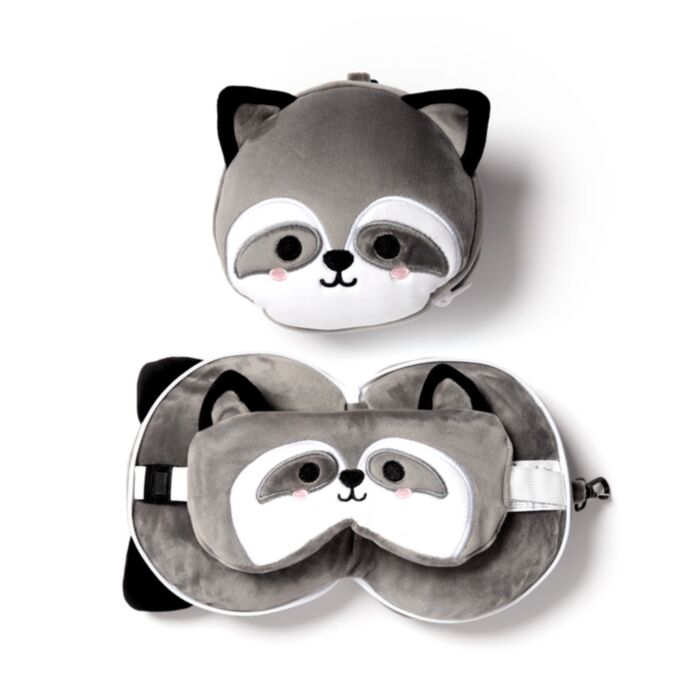 Relaxeazzz Waschbär Plüsch Reisekissen & Schlafmaske
