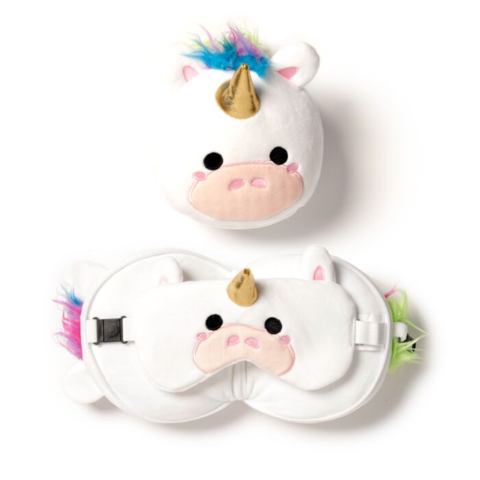 Relaxeazzz Einhorn Plüsch Reisekissen & Schlafmaske