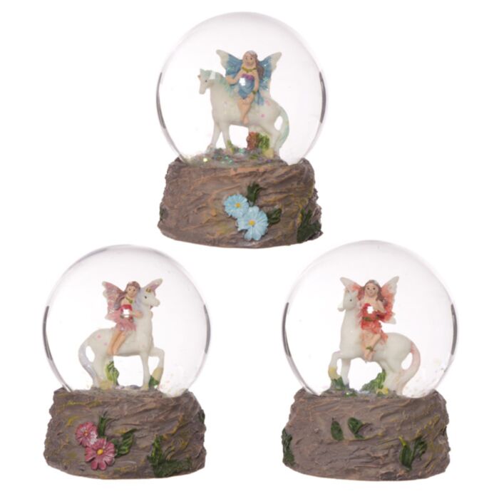 Auf einem Einhorn reitende Blumenfee Schneekugel