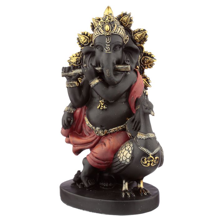 Ganesha mit Flöte und Pfau Schwarz-Rot-Gold 20,5 cm