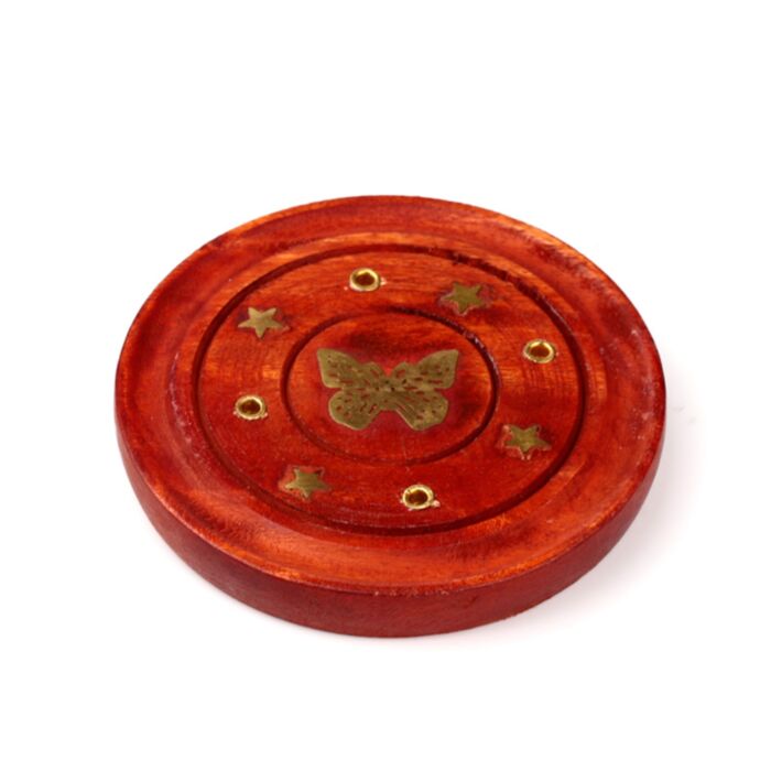 Mangoholz Runder Räucherbrenner mit Schmetterling-Inlay