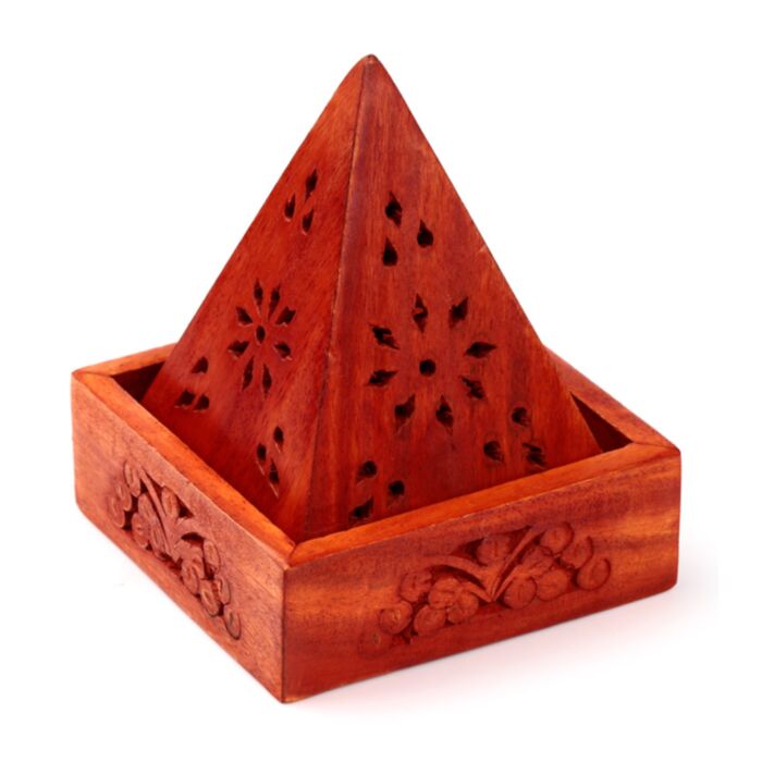 Mangoholz-Räucherbrenner-Pyramide mit Blumen-Schnitzereien