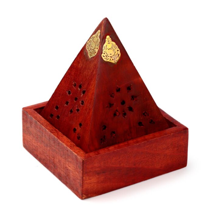 Mangoholz Pyramiden Räucherbrenner mit Buddha & Schnitzarbeit
