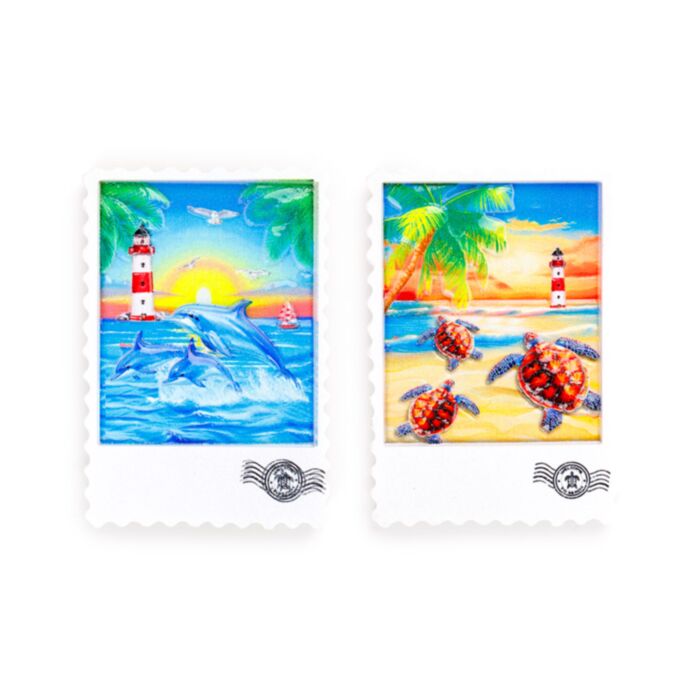 An der Küste Souvenir Magnet in Briefmarkenform - mit Schildkröten & Delfinen