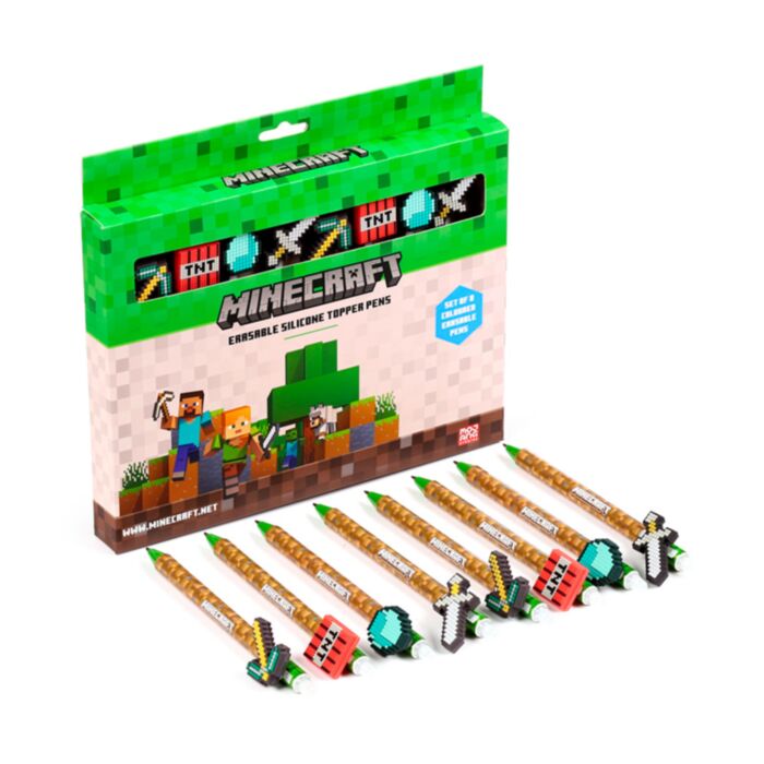 Minecraft Tools Werkzeug Radierbarer Kugelschreiber mit Silikon-Topper 8er-Set