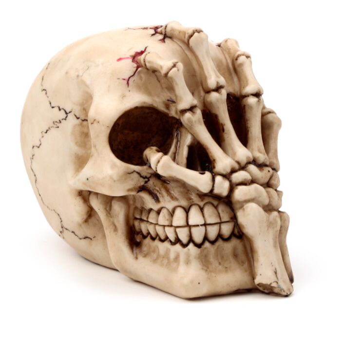 Gruseliger Totenkopf mit Skelettklauenhand Ornament