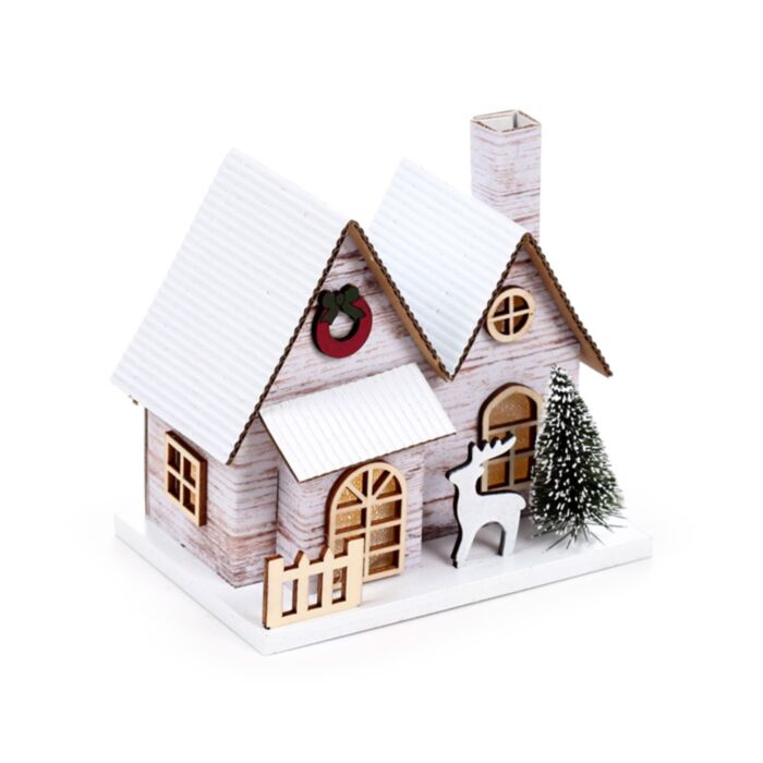 Weihnachtshaus mit Rentier & Tanne LED-Dekoration