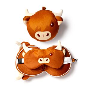 Relaxeazzz Highland Coo Kuh Plüsch Reisekissen & Schlafmaske