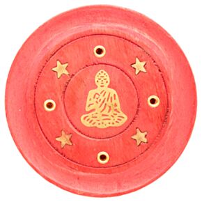 Mangoholz Runder Räucherbrenner mit Buddha-Inlay Rot