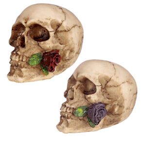 Totenkopf mit Rosen zwischen den Zähnen